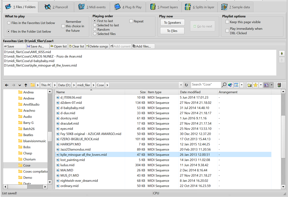 SynthFont[1] - the Files / Folders page. The Playlist and file Explorer.
